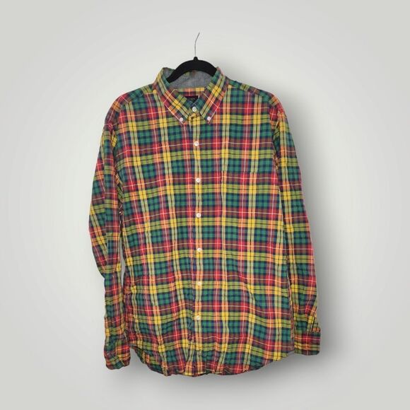J Crew Tartan Plaid Button Down Shirt Men’s L  Large Yellow green orange - Picture 1 of 10